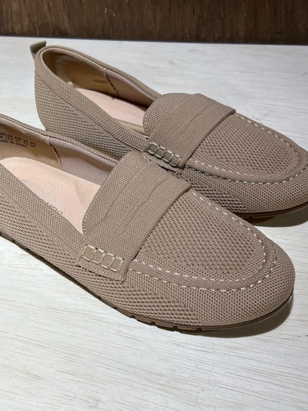 Women's Taupe Knit Loafer Flats - Comfortable Slip-On Driving Shoes